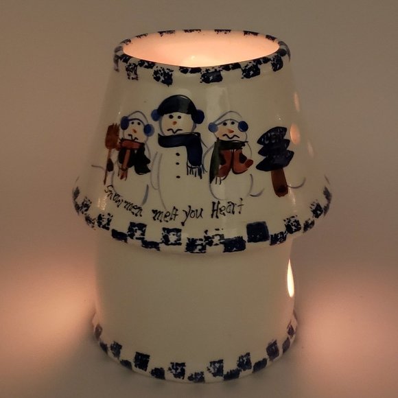 Snowmen Melt Your Heart Vntg Ceramic Blue White Snowmen Tealight Candle Holder - Picture 2 of 10